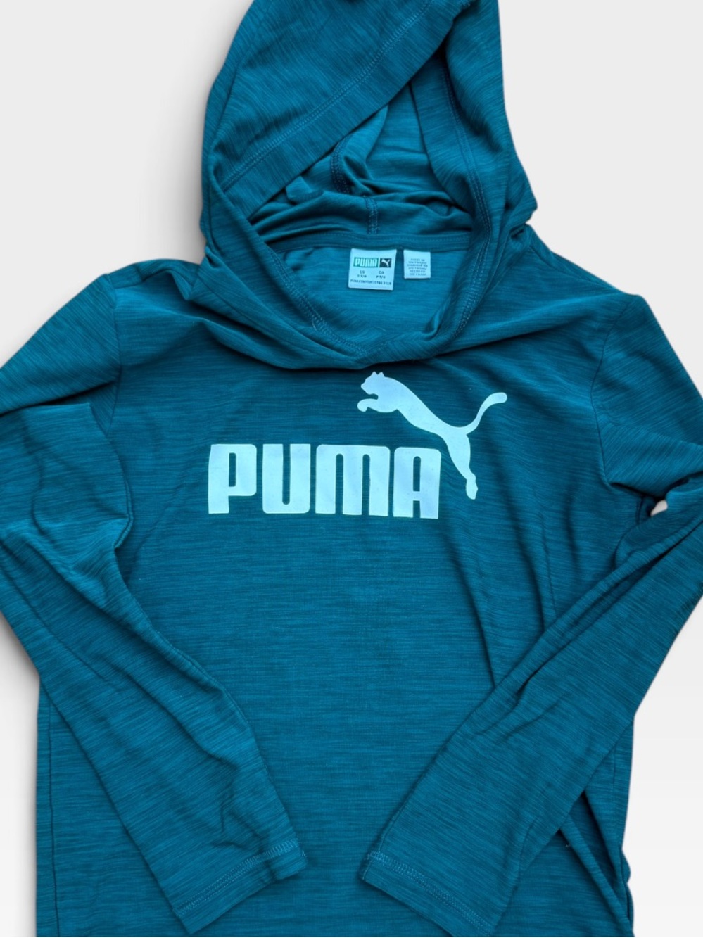 Puma Teal Hooded Long Sleeve Pullover Logo Tee Kids Size 7/8